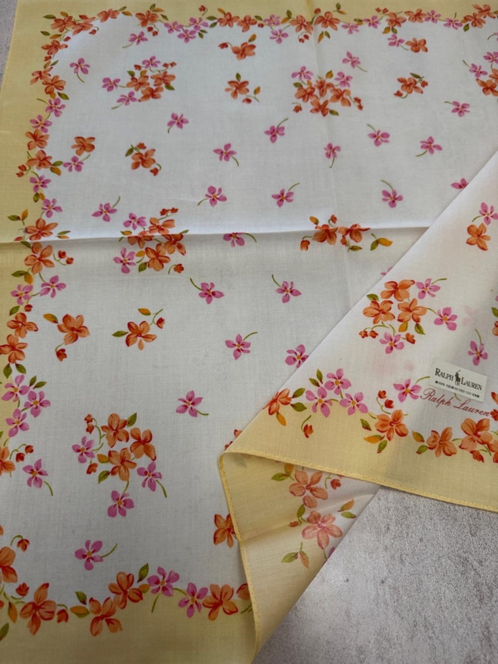 Ralph Lauren Floral cotton Scarf in White, Pink, Orange & Yellow Border - Picture 4 of 5